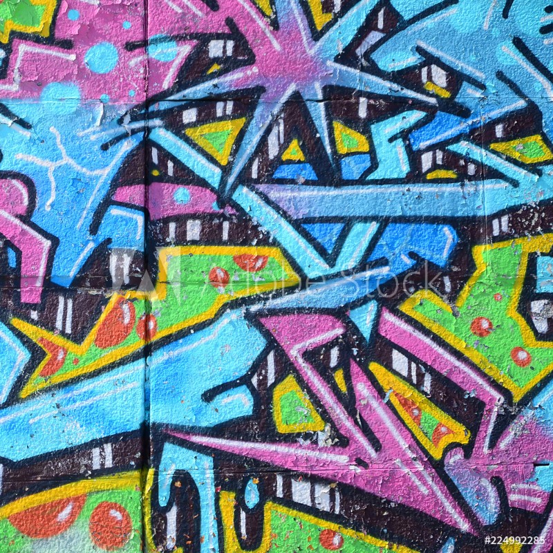 Picture of Fragment of graffiti drawings The old wall decorated with paint stains in the style of street art culture Colored background texture in cold tones